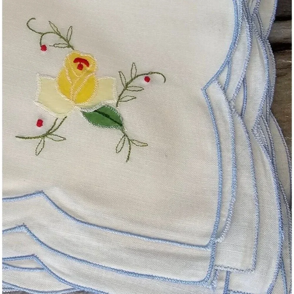 Rectangle Tablecloth Floral Blue Yellow Embroidered 12 Napkins White 63 X 100‎